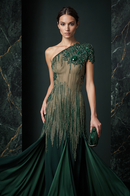 One Shoulder Sleeved Gown
