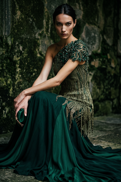 One Shoulder Sleeved Gown