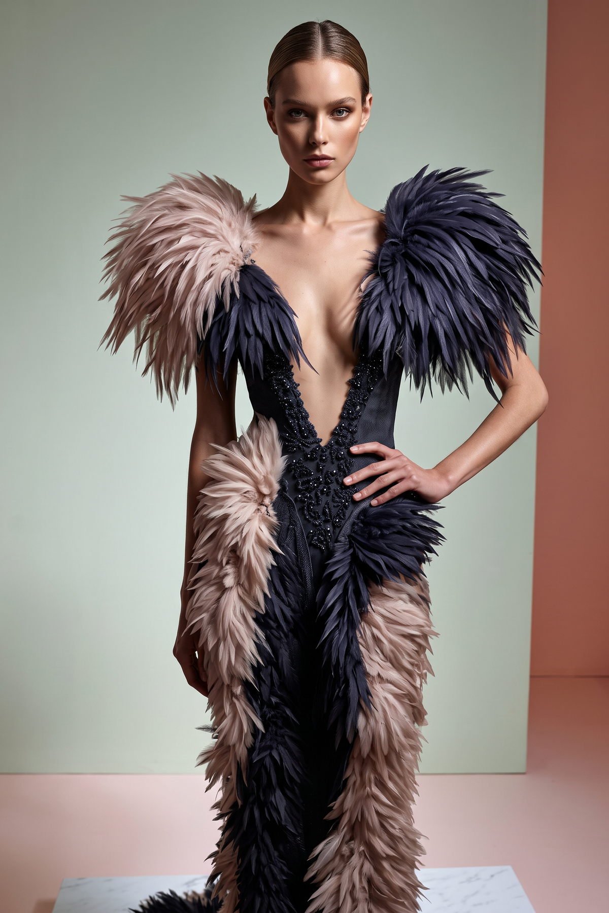 Sleeved Feathered Gown