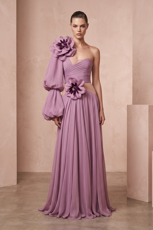 One Sleeve 3D Floral Dress