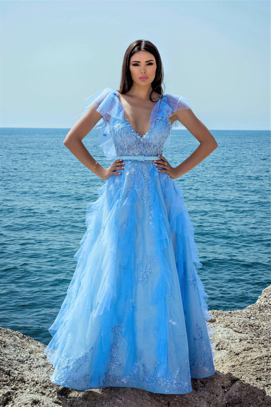 Ruffled Tulle and Lace Gown