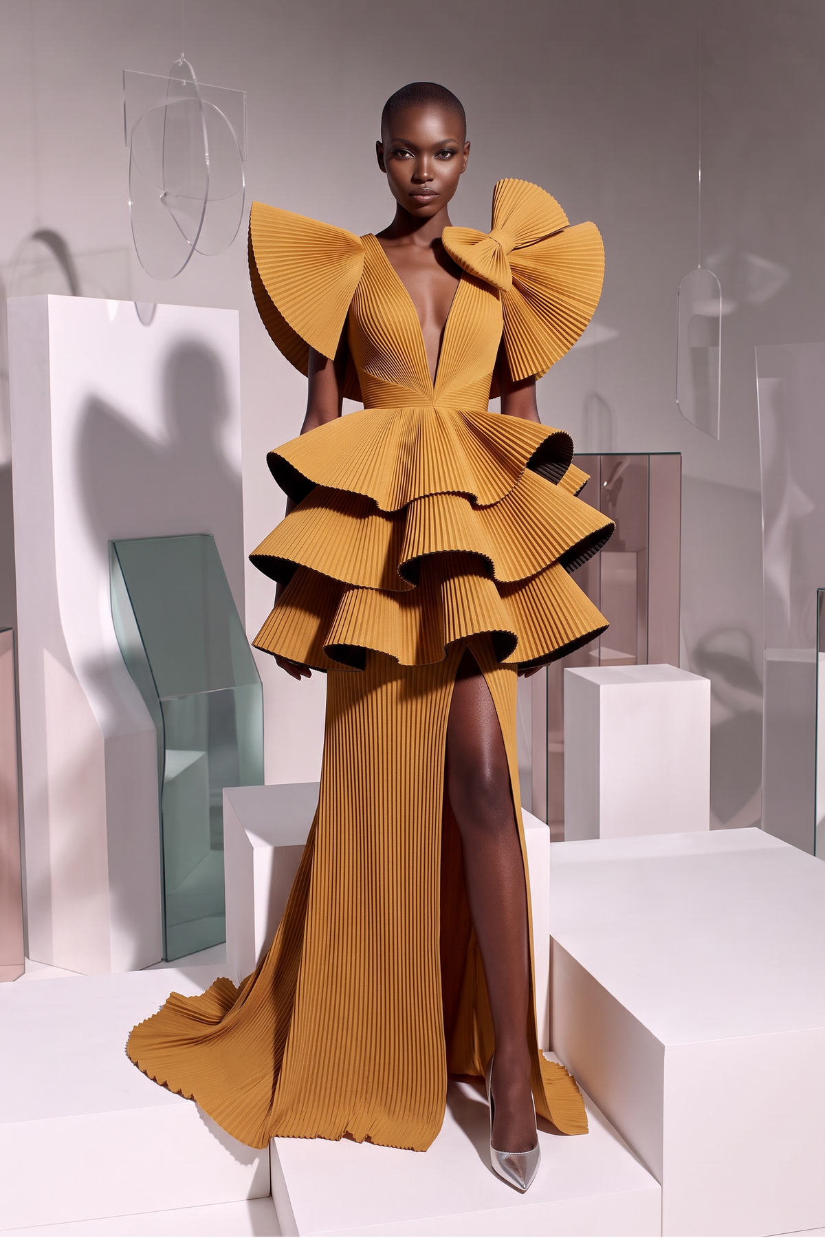 Plunging Ruffle Peplum Gown