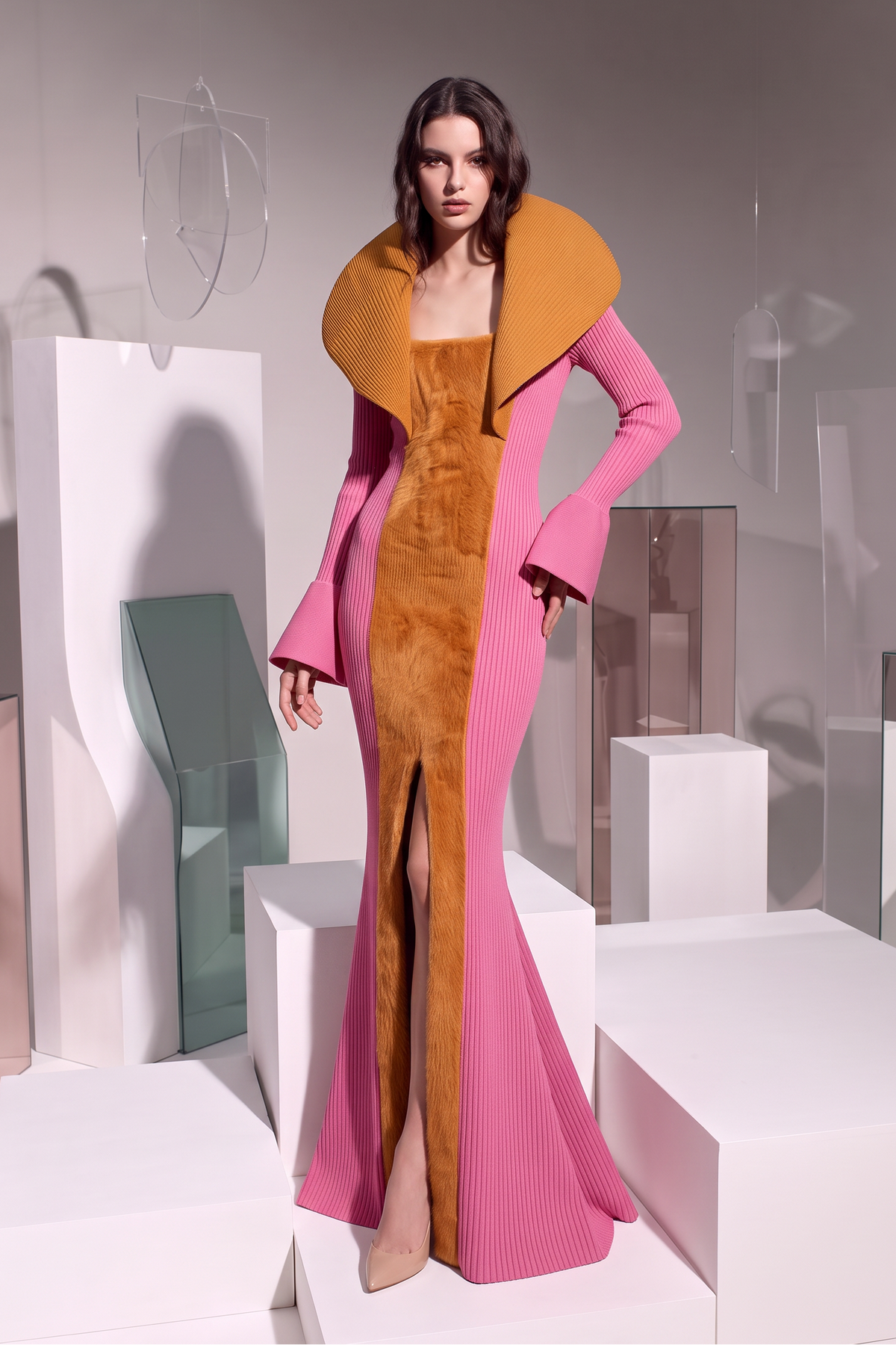 Oversized Collar Bell-Sleeve Gown