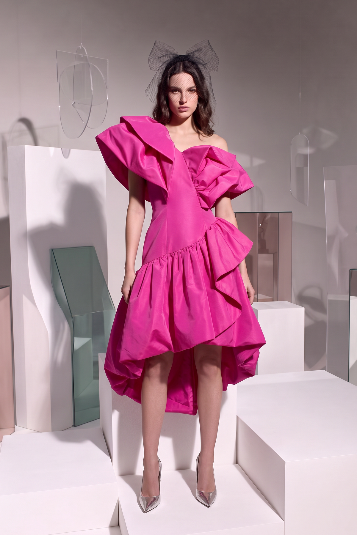 Ruffled One-Shoulder Midi Dress