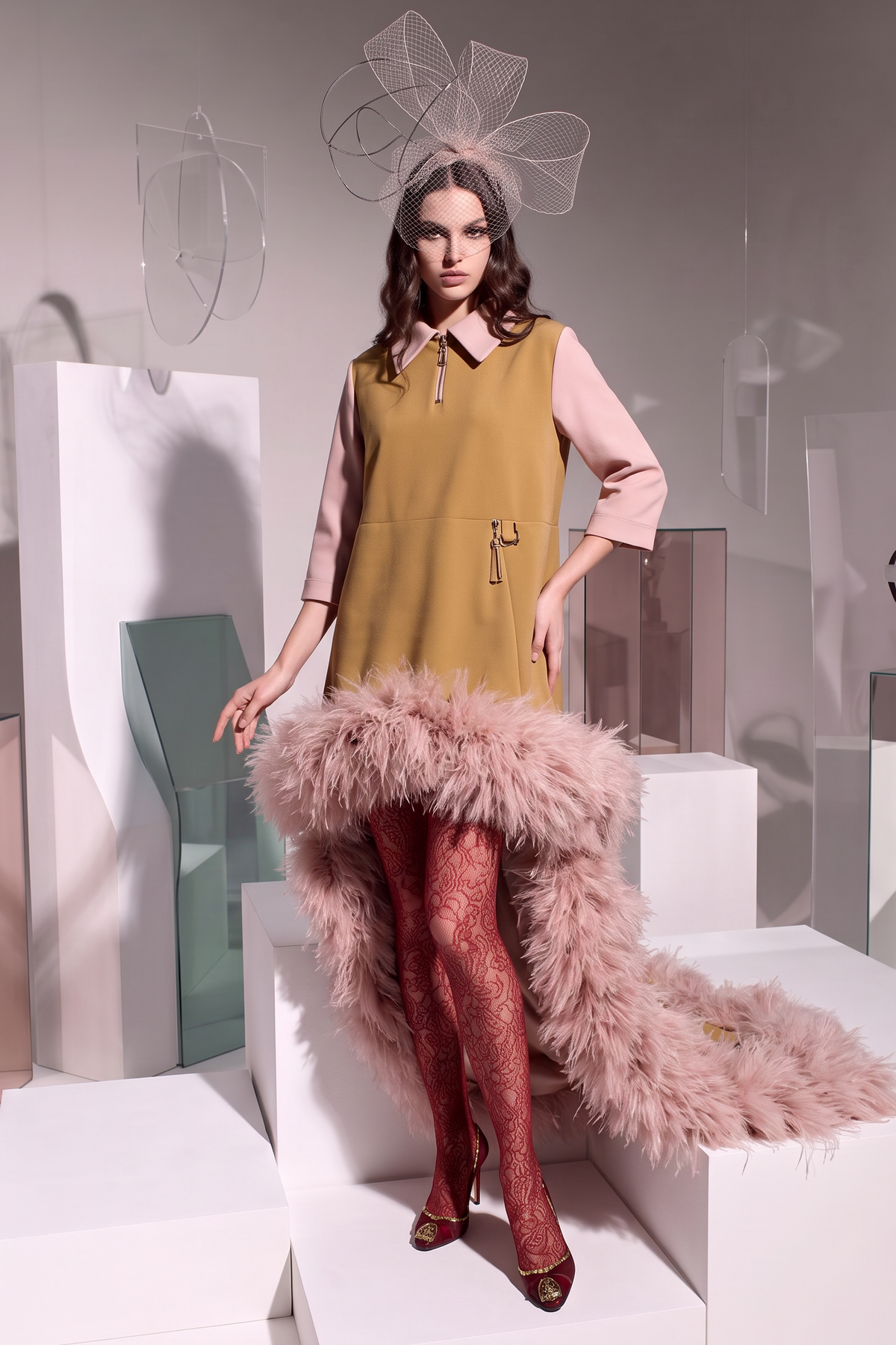 Feather-Trim Collared Tunic Dress