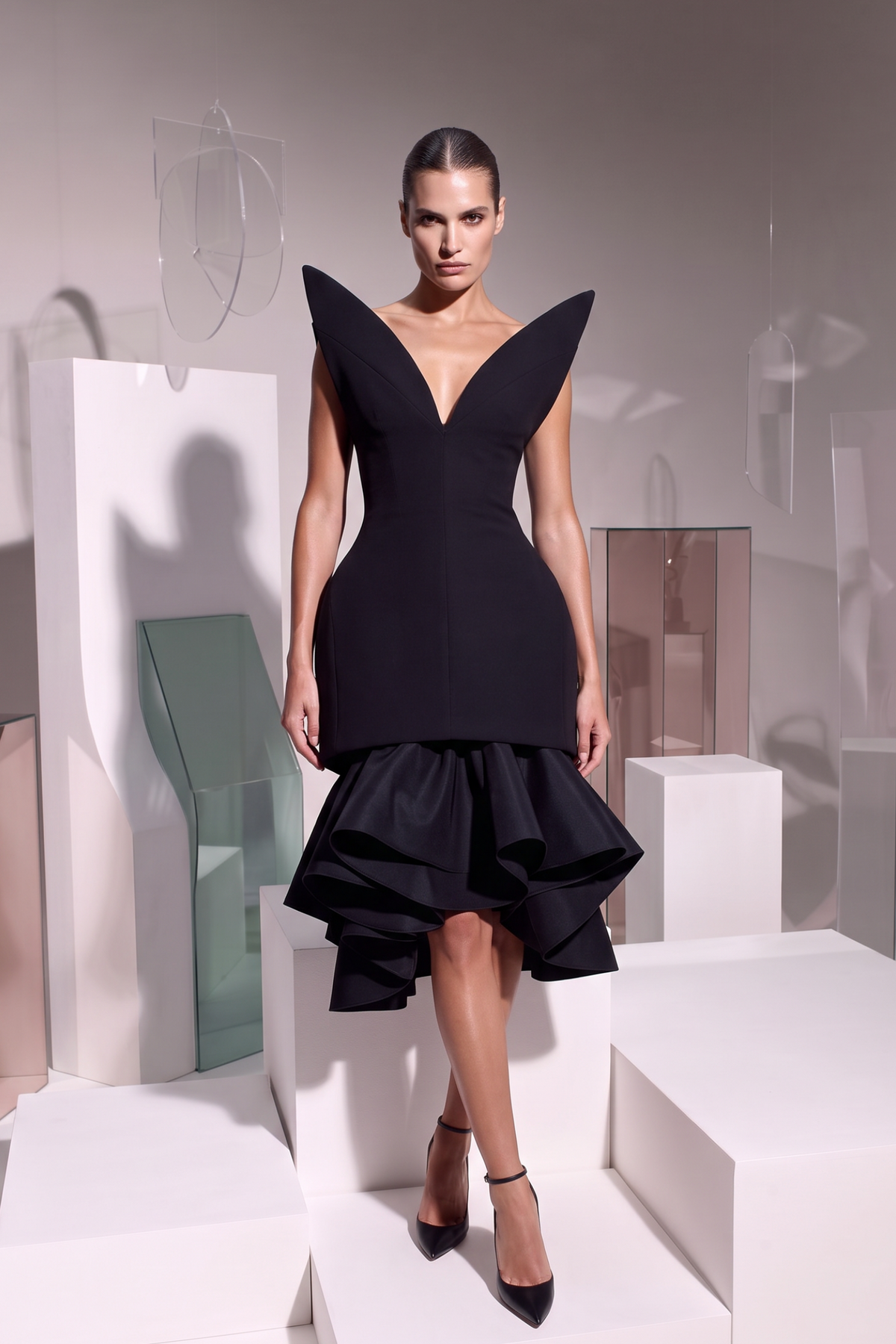 Sculpted Shoulder Ruffle Dress