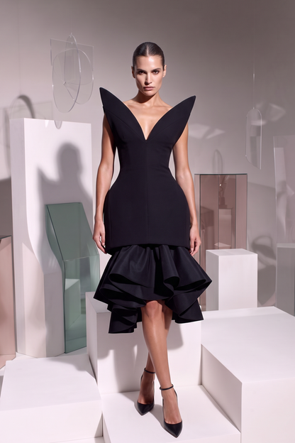 Sculpted Shoulder Ruffle Dress