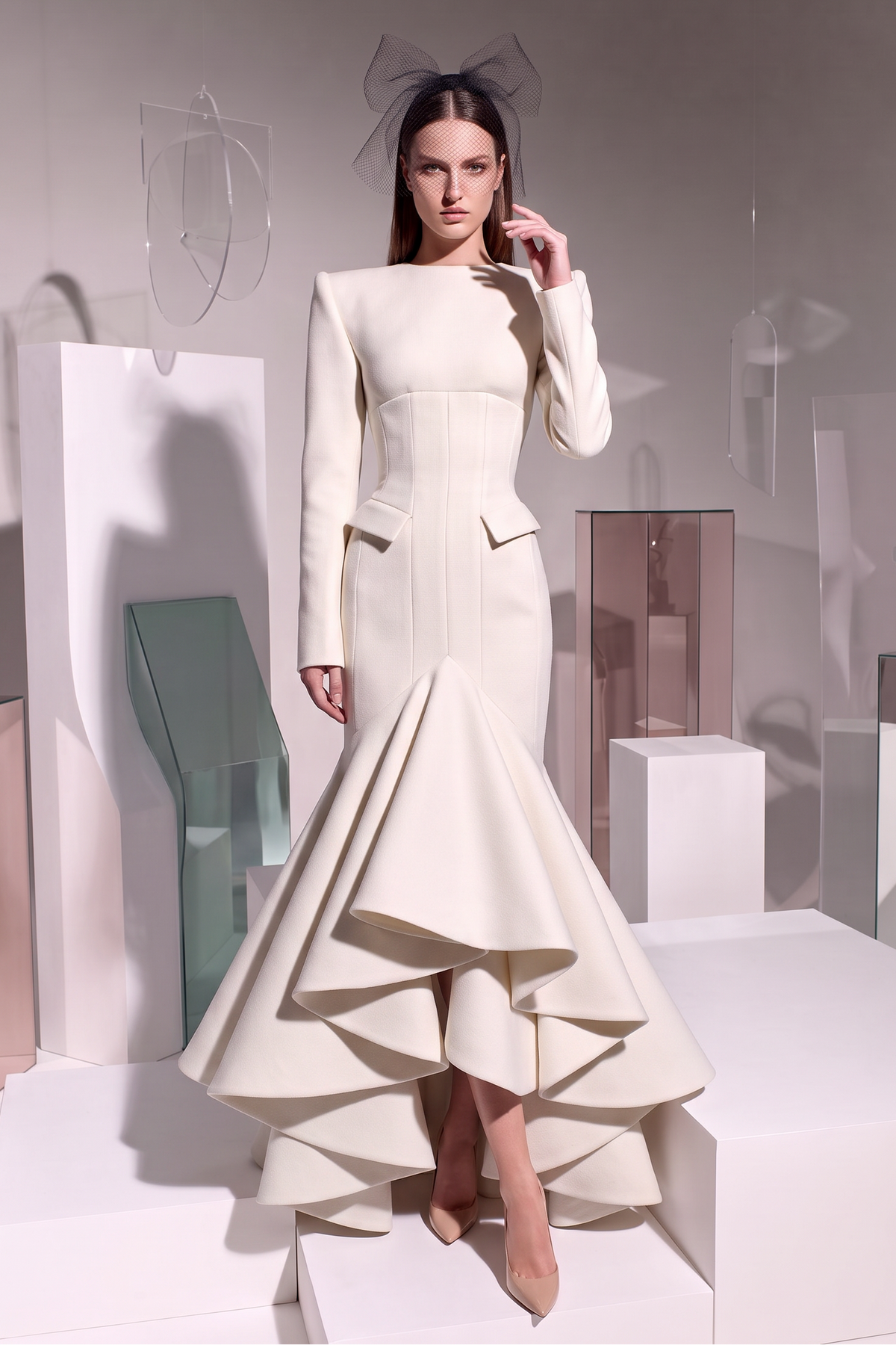 Long-Sleeve Flounce Mermaid Gown