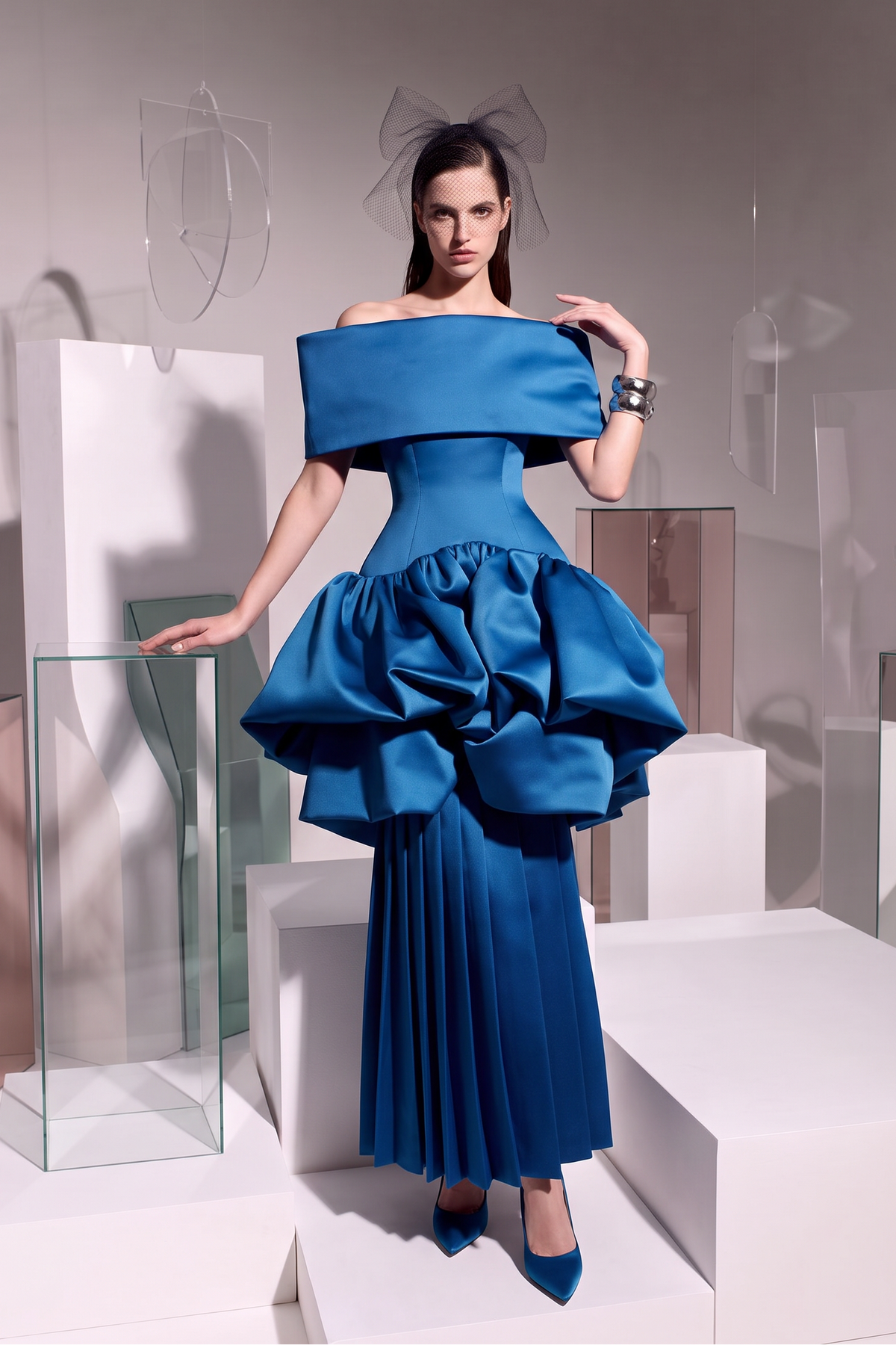 Off-Shoulder Bubble Peplum Gown