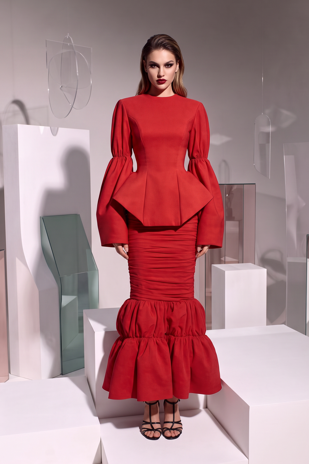 Long-Sleeve Peplum Ruched Gown