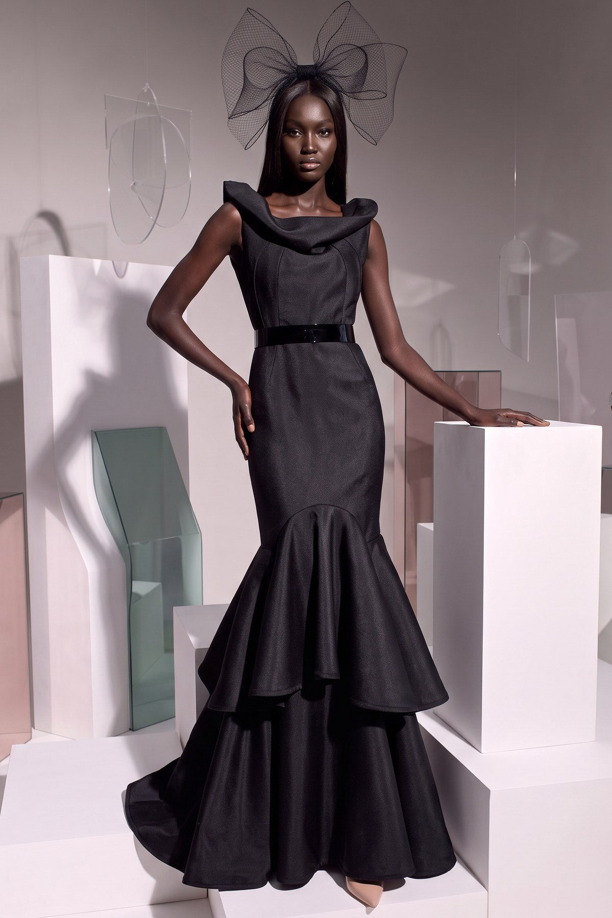 Portrait-Collar Tiered Mermaid Gown