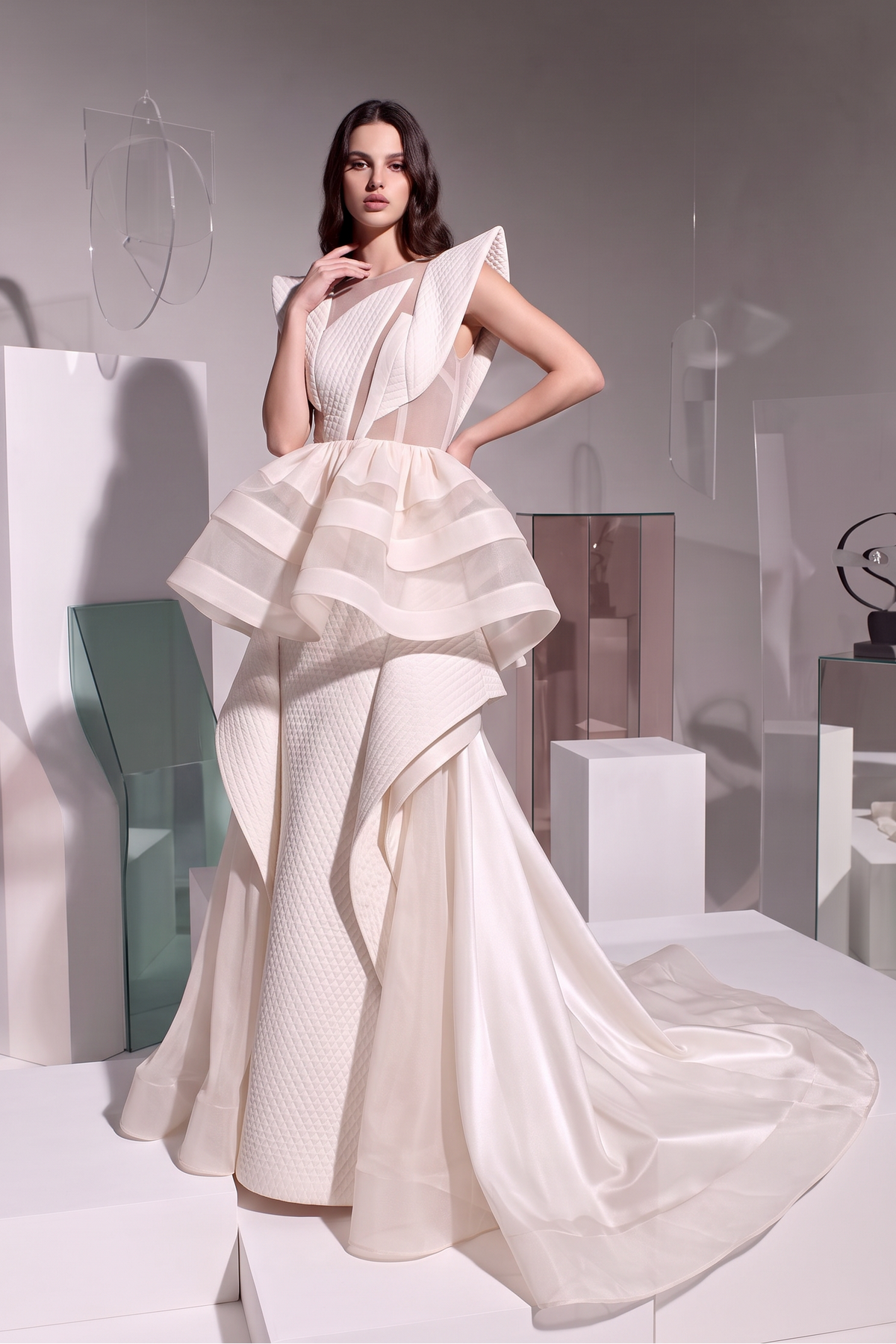 Layered Organza Peplum Gown