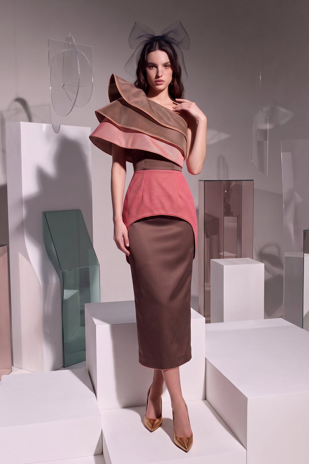 Ruffle-Collar Peplum Midi Dress