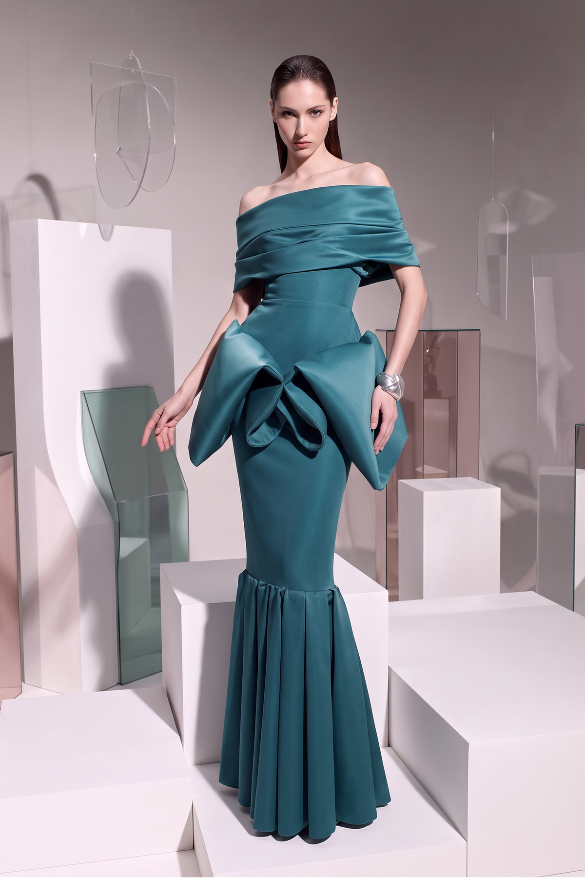 Off-Shoulder Sculpted Bow Gown