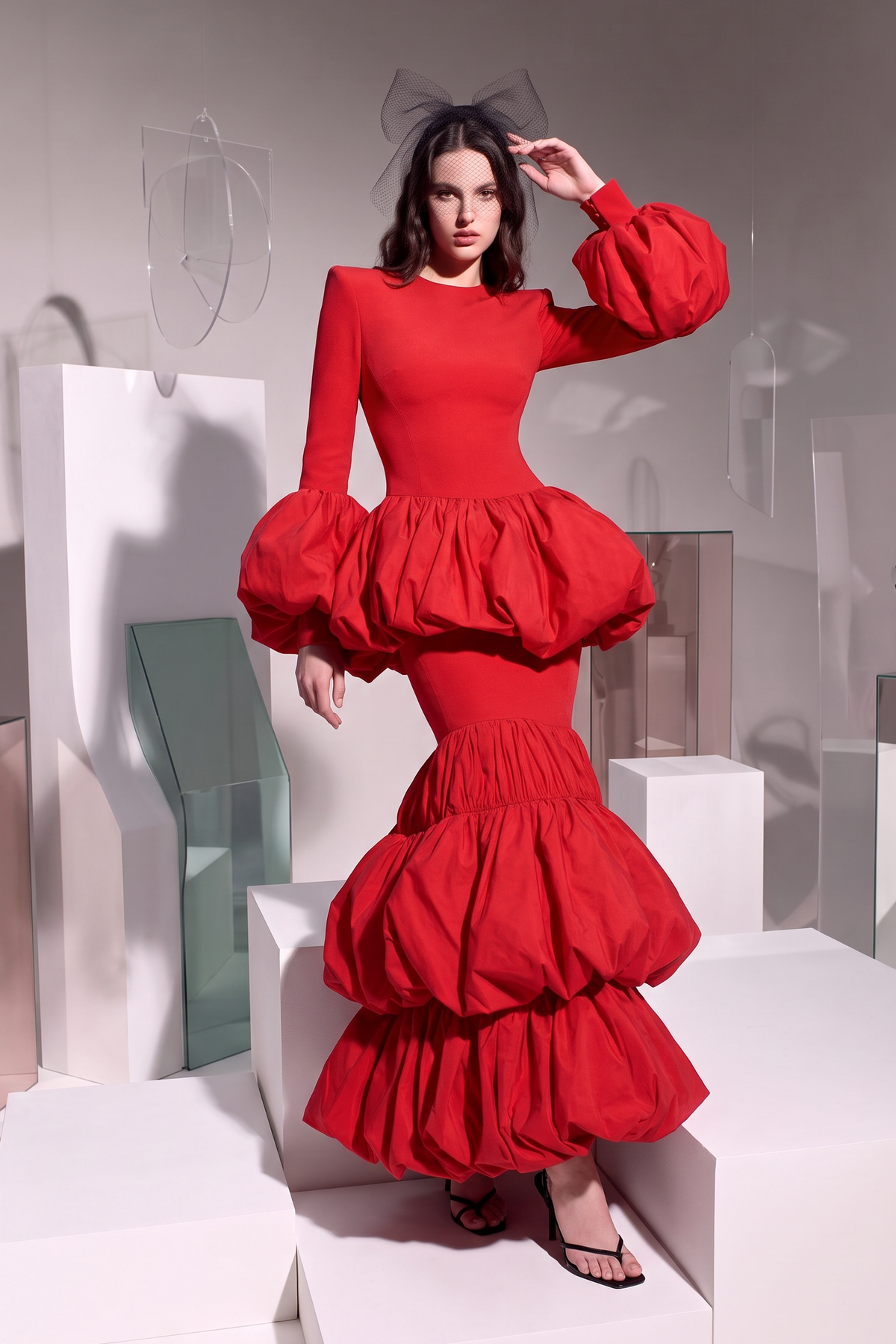 Puff-Sleeve Tiered Bubble Gown