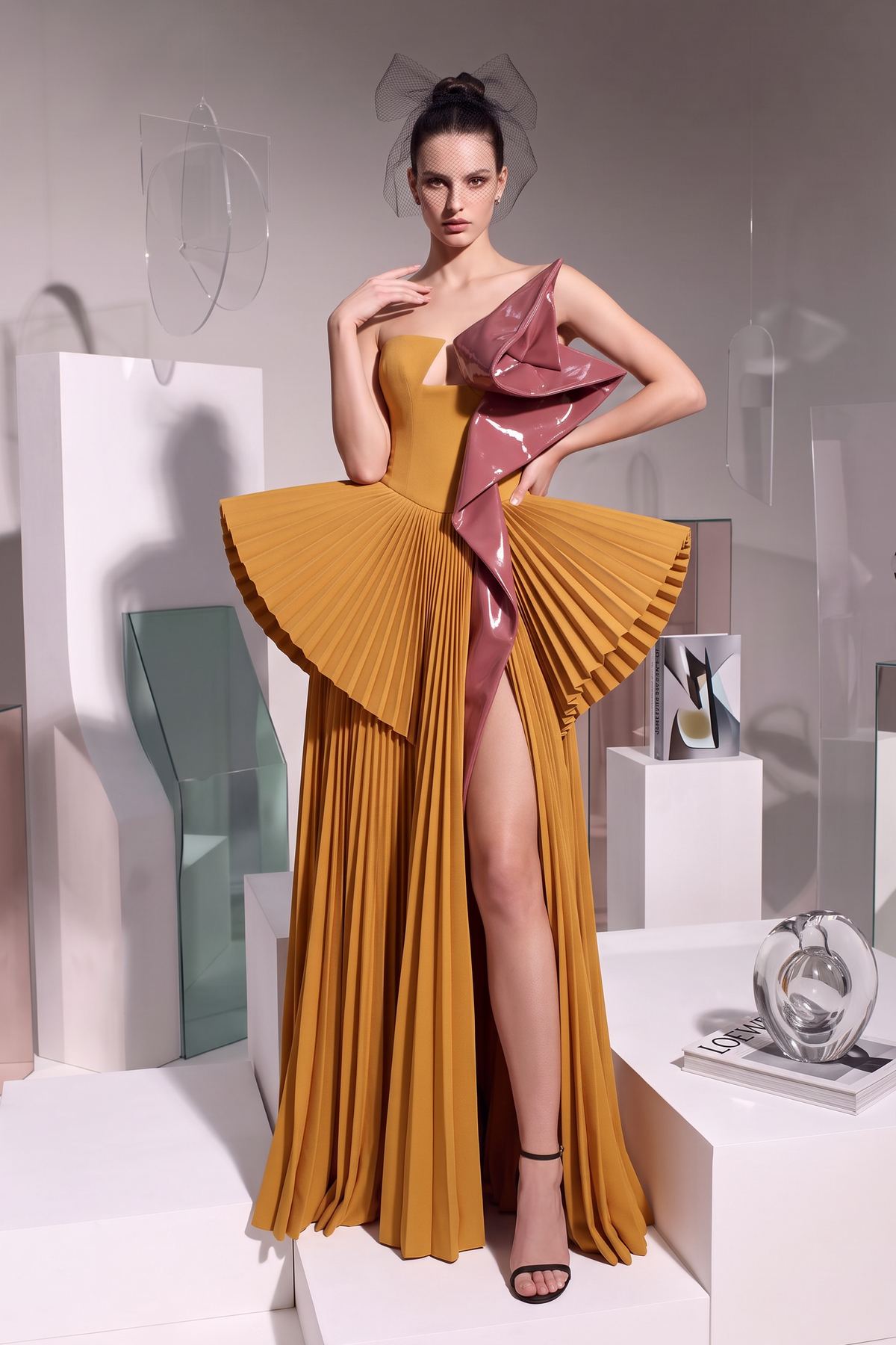 Strapless Pleated Fan Gown