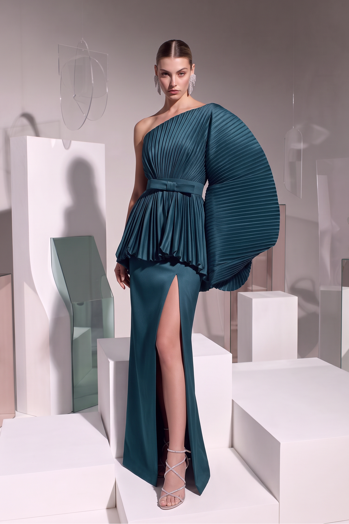 One-Shoulder Pleated Sleeve Gown