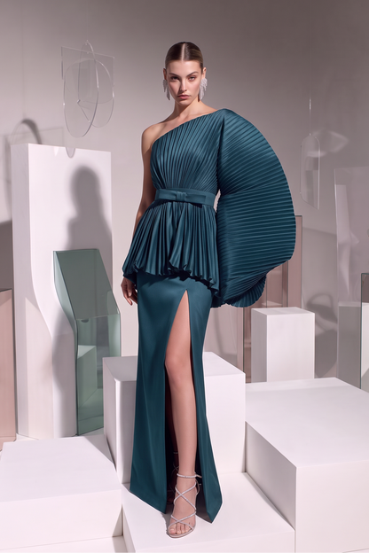 One-Shoulder Pleated Sleeve Gown