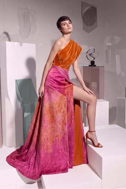 One-Shoulder Velvet Print Gown