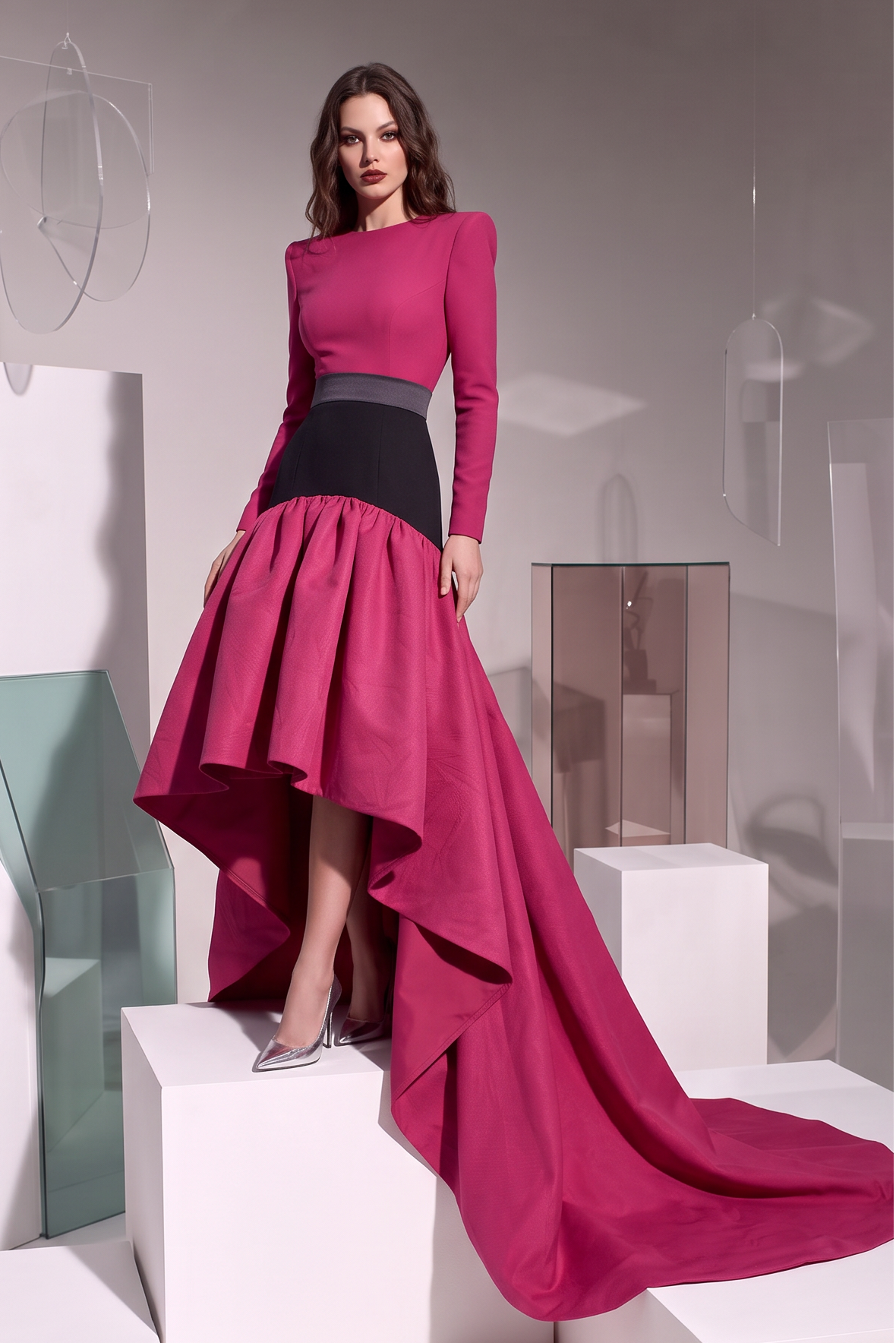 Long-Sleeve High-Low Train Gown