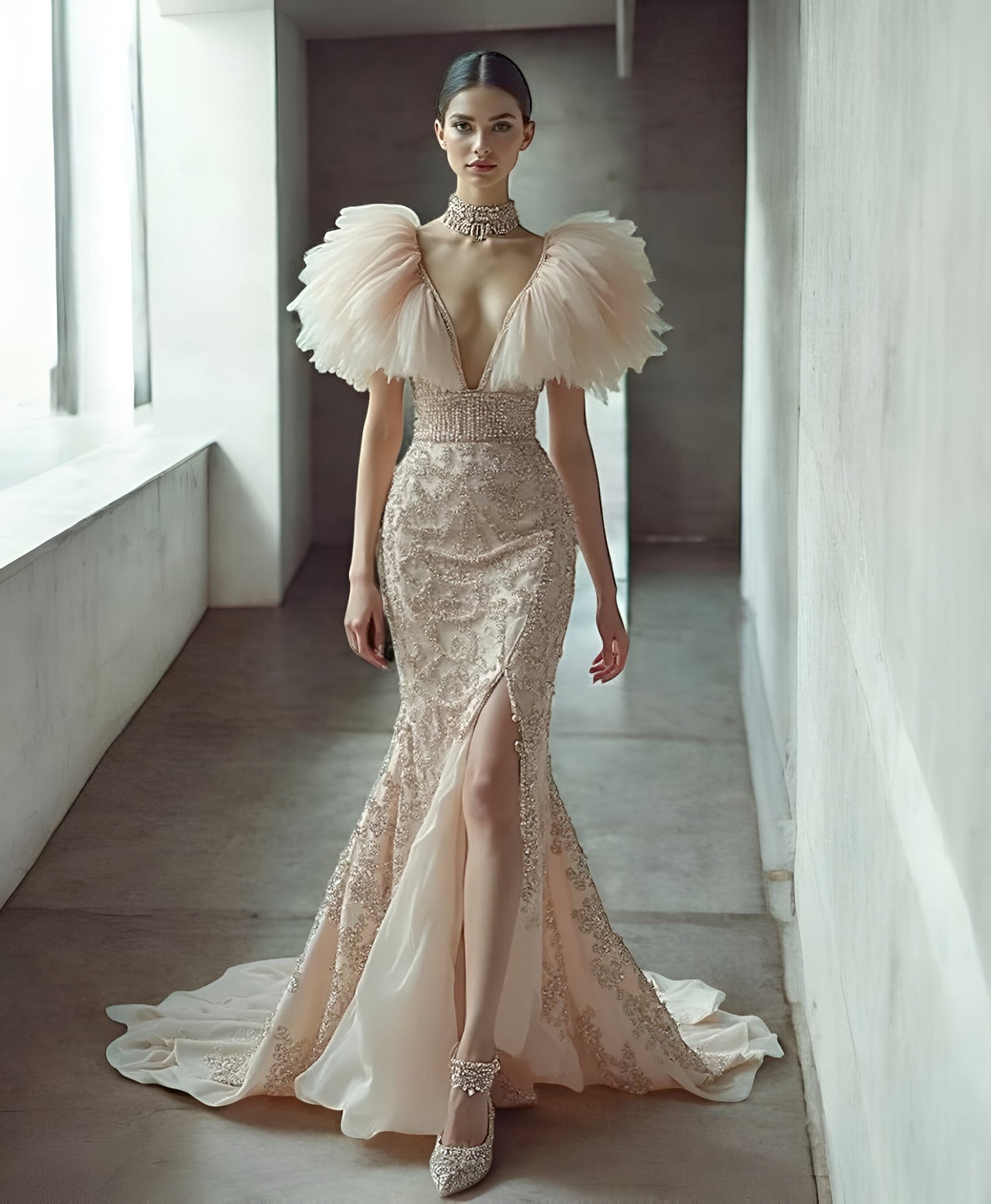 Feathered Sleeve Slit Gown