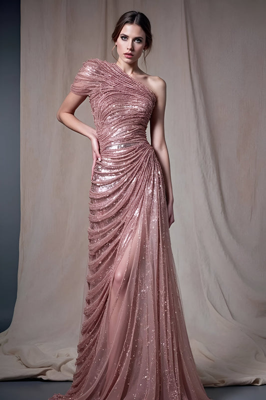 Short Sleeve One Shoulder Gown
