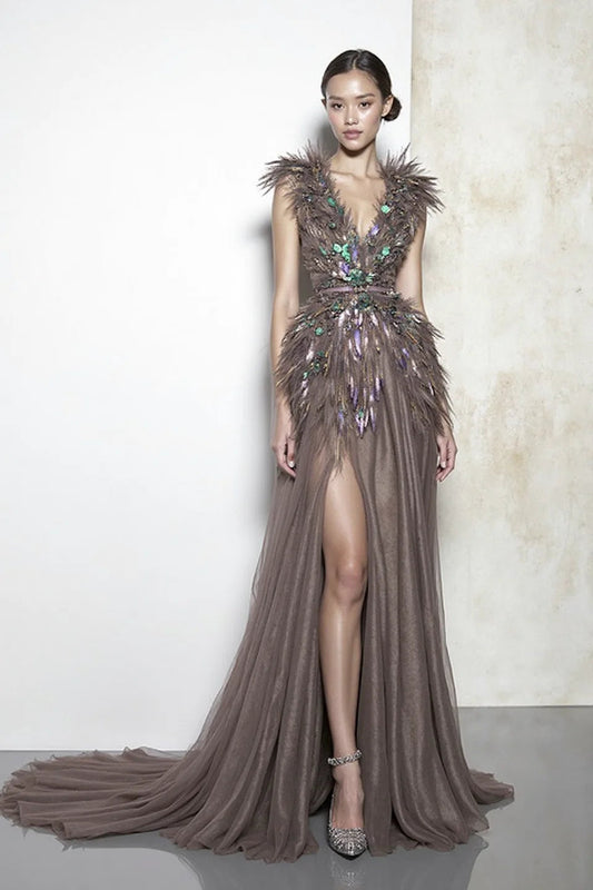 Deep V-Neck Cap Sleeve Gown