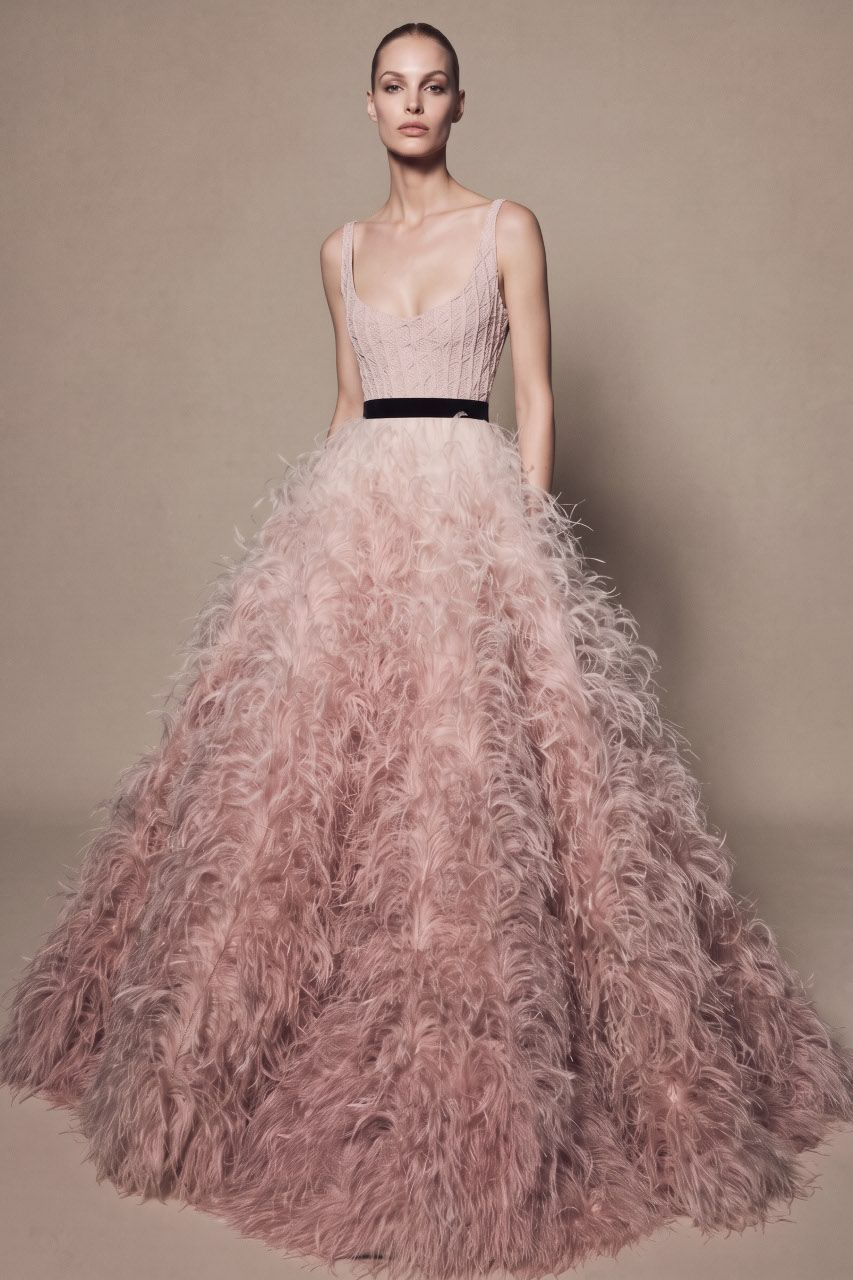 Sleeveless Blush Feather Ball Gown