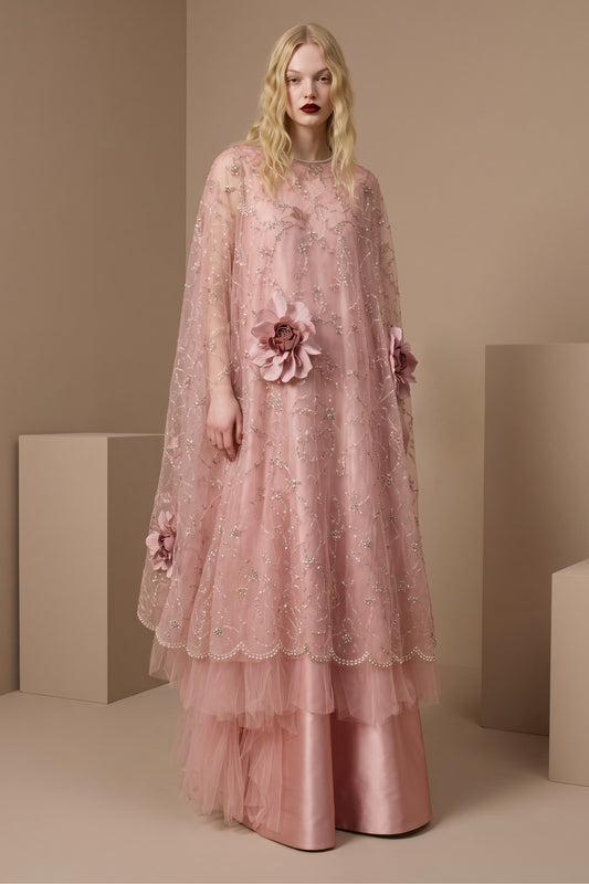 Floral Cape Sleeve A-Line Gown