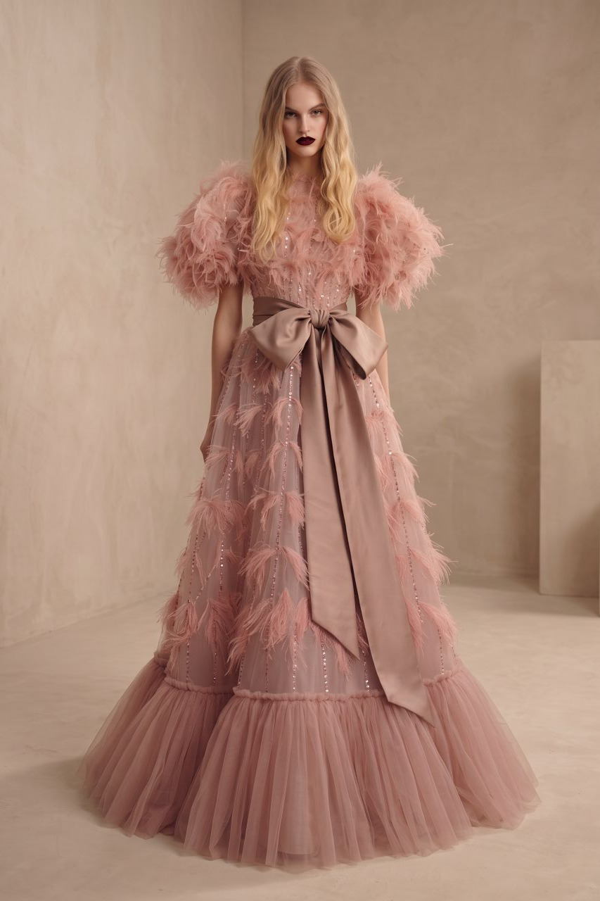 Feathered Puff Sleeve A-Line Gown