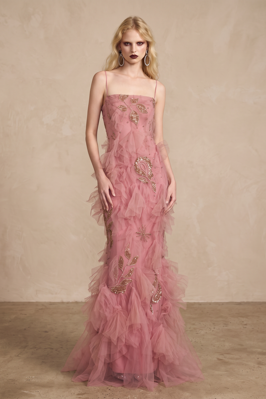 Sleeveless Ruffled Column Gown