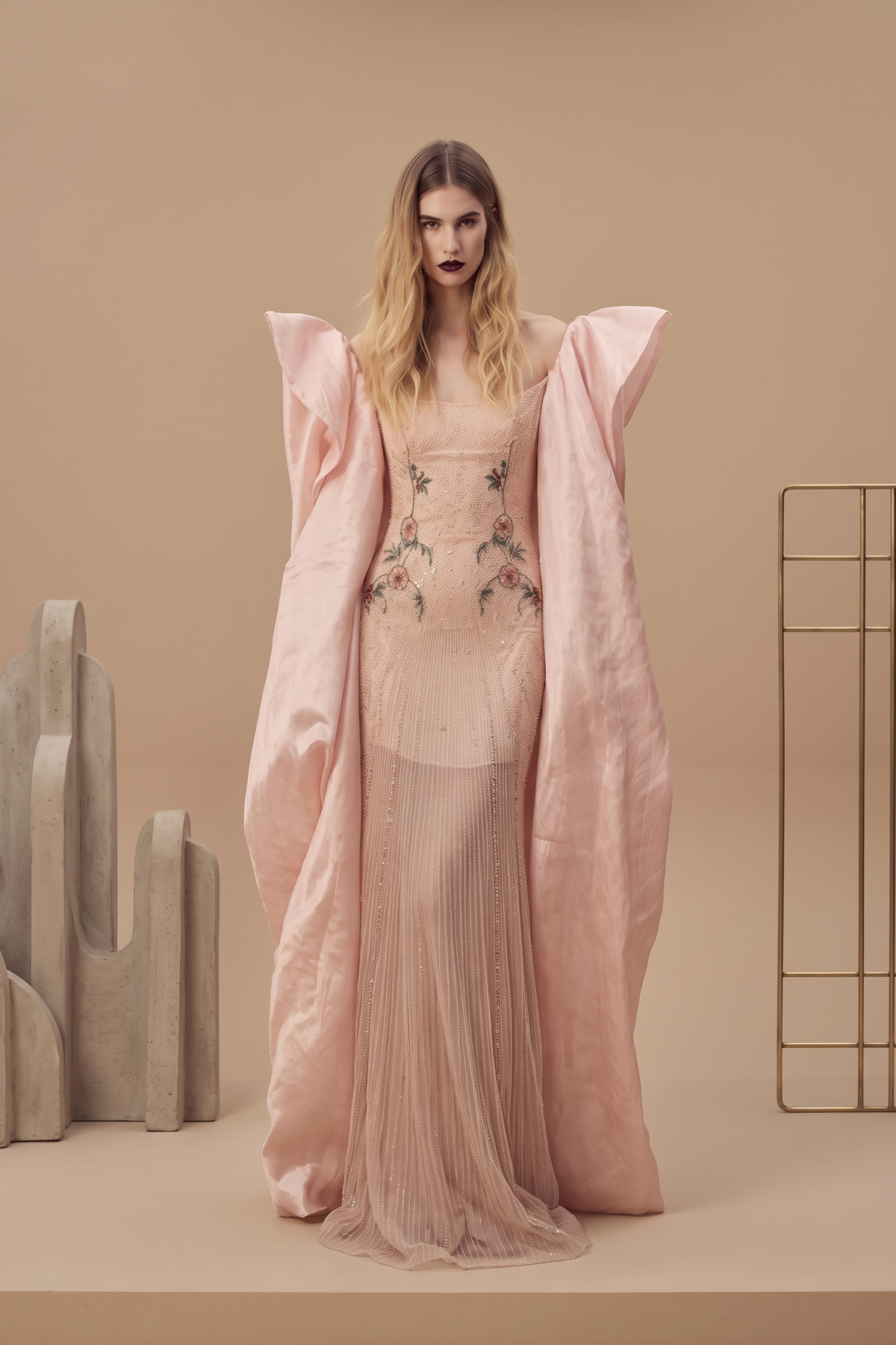 Sleeveless Beaded Gown with Cape