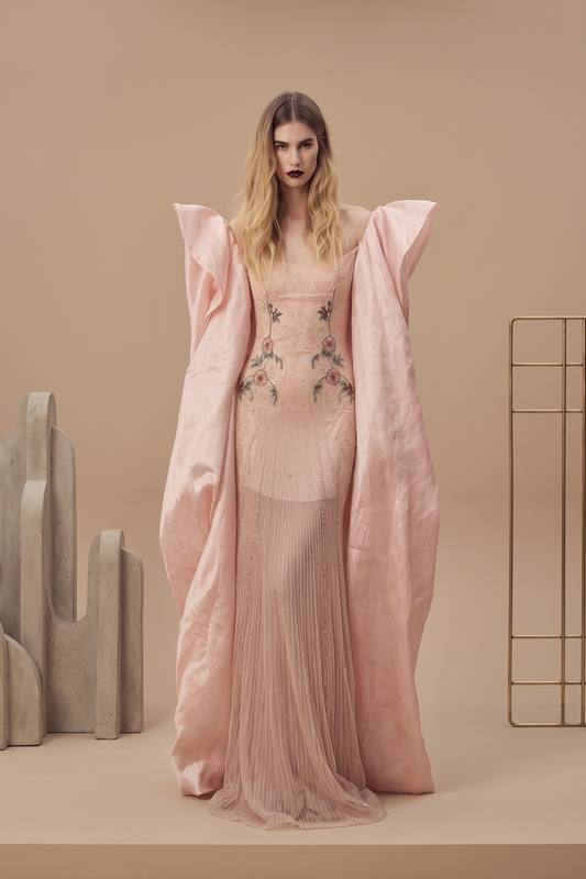 Sleeveless Beaded Gown with Cape