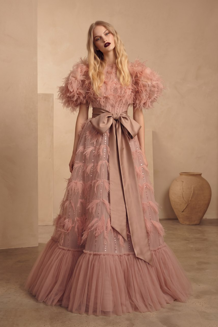 Feathered Puff Sleeve A-Line Gown