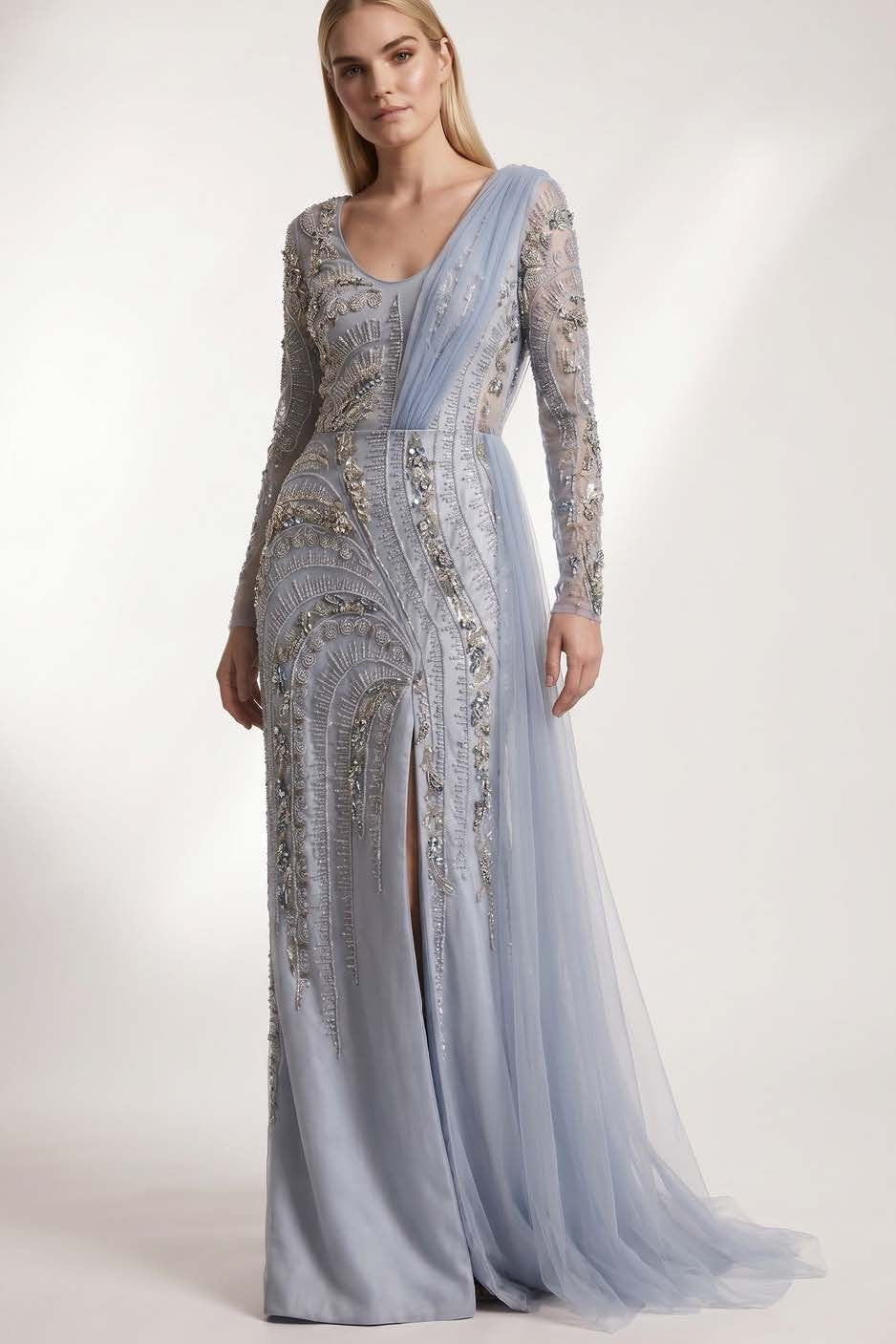 Long Sleeve Beaded Gown