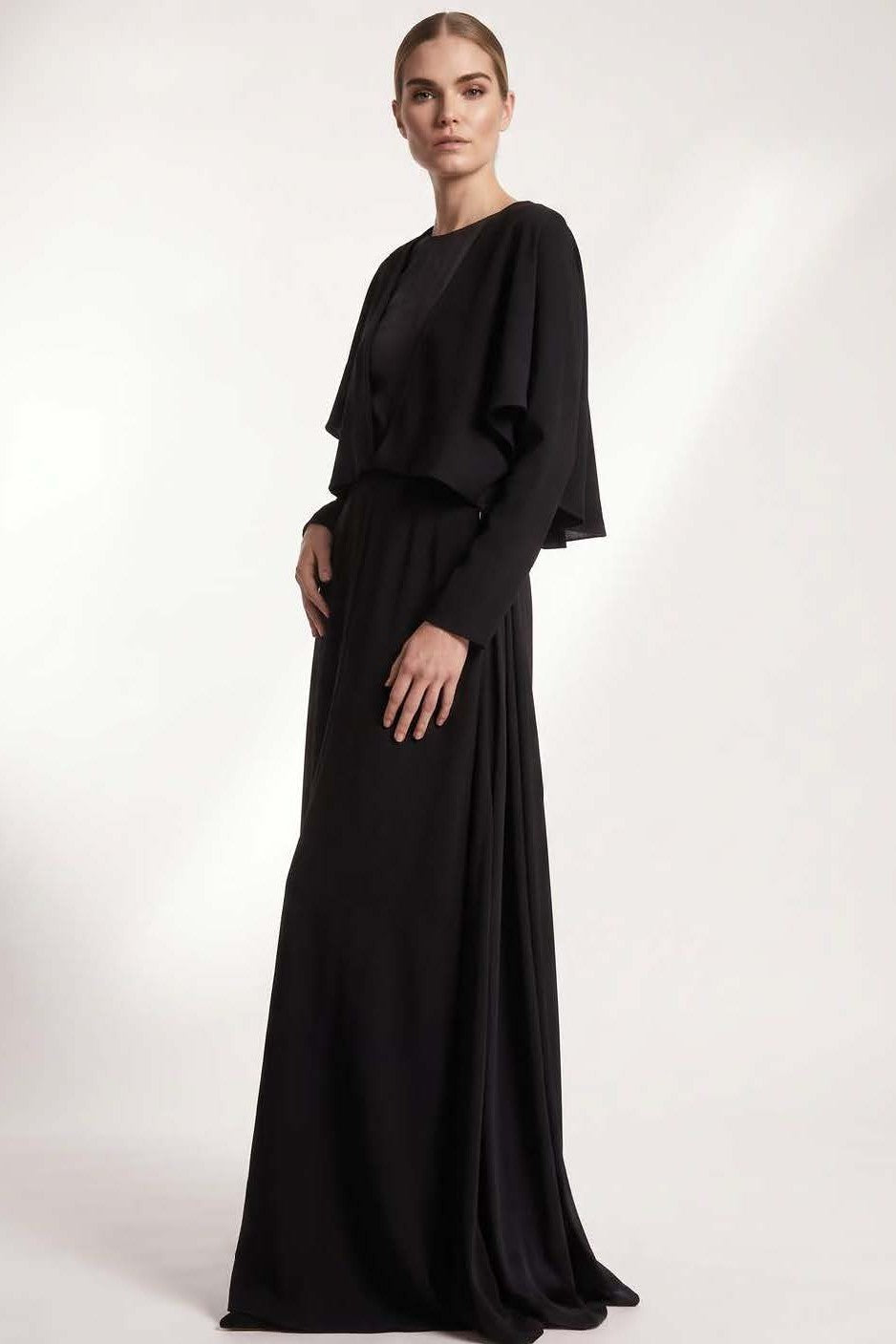 Illusion Neck  Draped Sleeve Gown