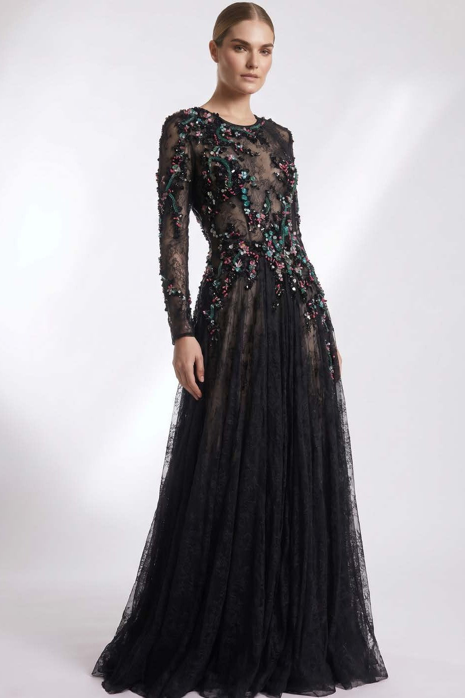 Beaded Long Sleeve Gown