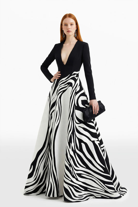 Crepe Zebra Pattern V-Neck Dress
