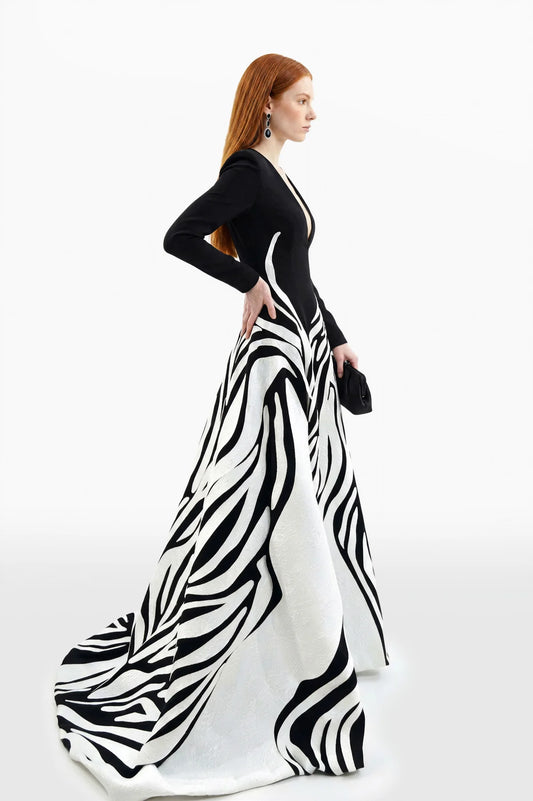 Crepe Zebra Pattern V-Neck Dress
