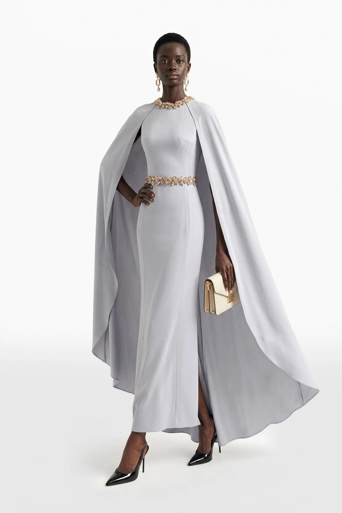 Embellished Column Dress with Cape