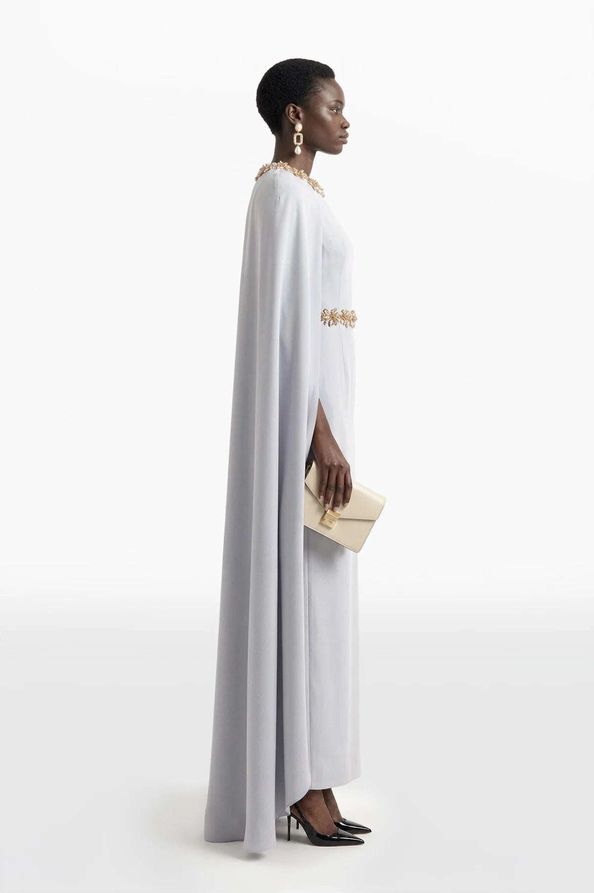 Embellished Column Dress with Cape