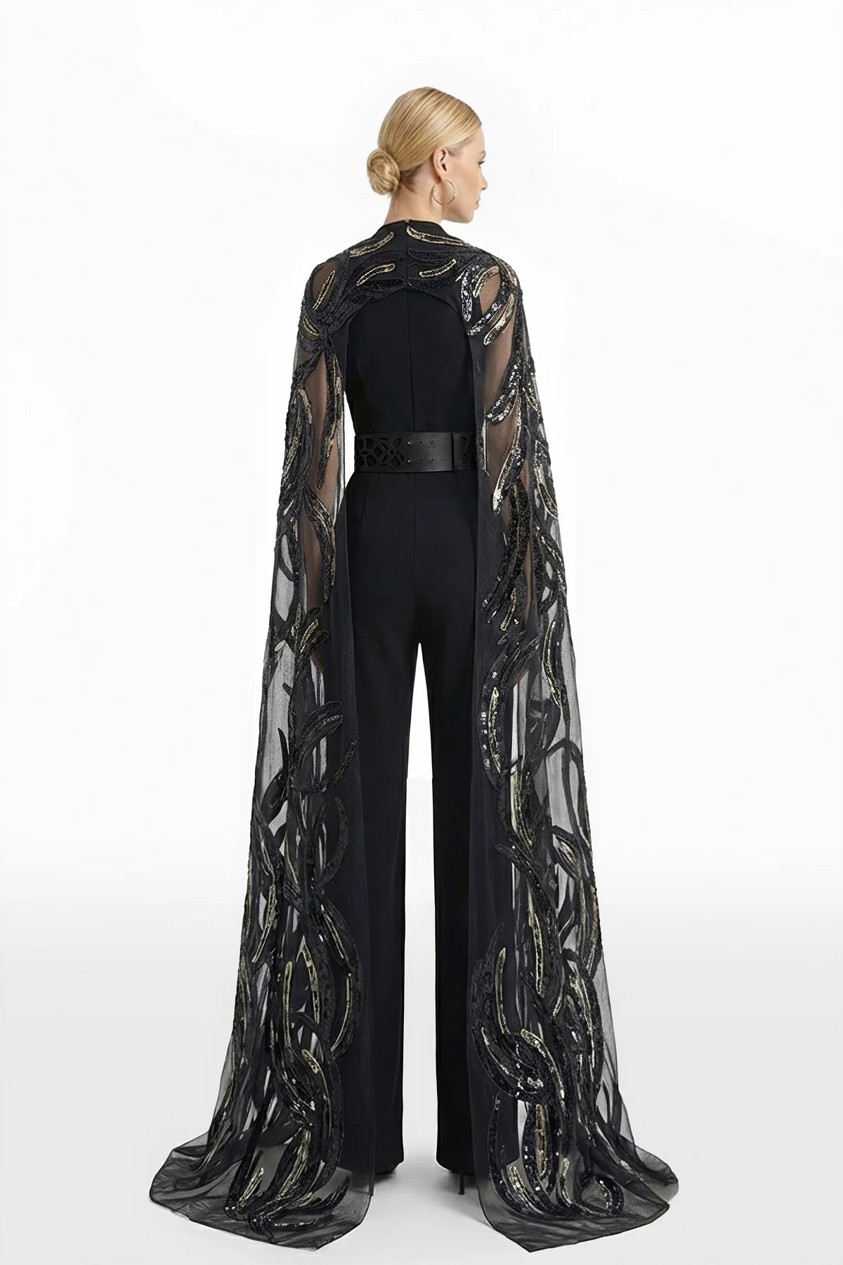 Crepe Jumpsuit with Embroidered Cape