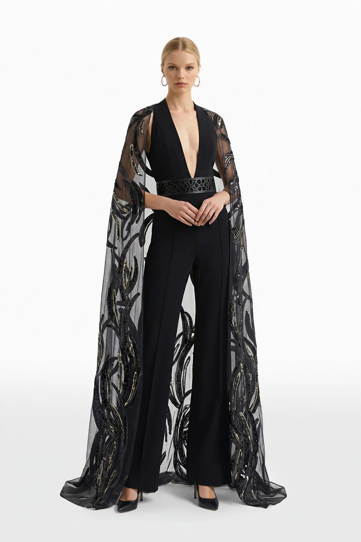 Crepe Jumpsuit with Embroidered Cape