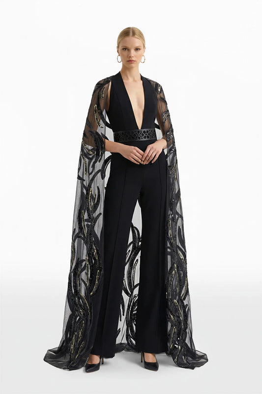 Crepe Jumpsuit with Embroidered Cape