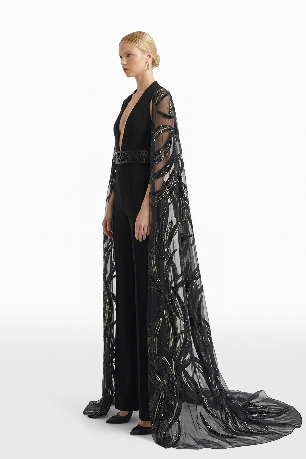 Crepe Jumpsuit with Embroidered Cape