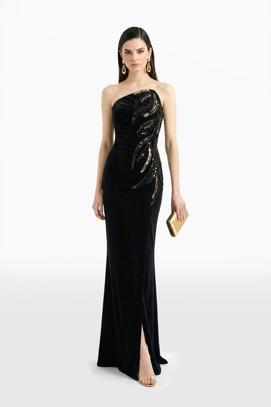 Strapless Embellished Velvet Dress