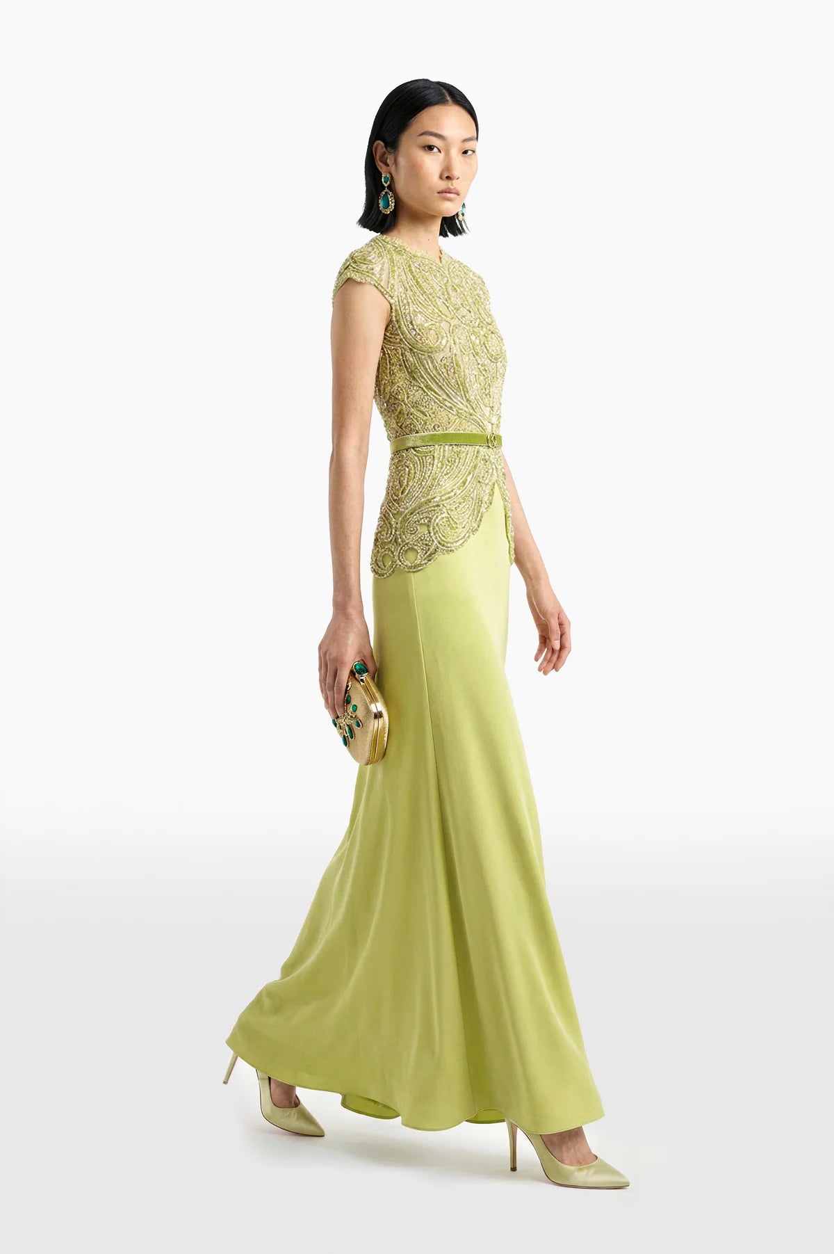 Sequined Thread Lace Dress with Crepe Skirt