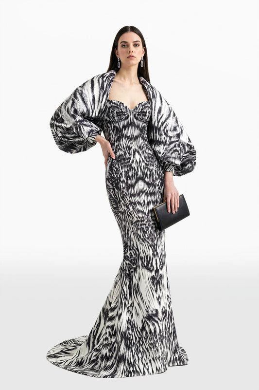 Printed Crepe Dress with Mikado Bolero