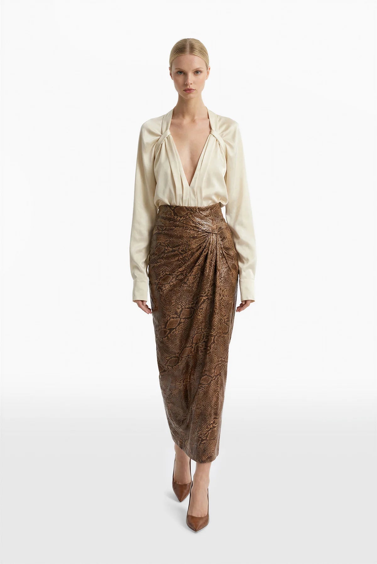 Draped Shirt with Snake Print Skirt Set
