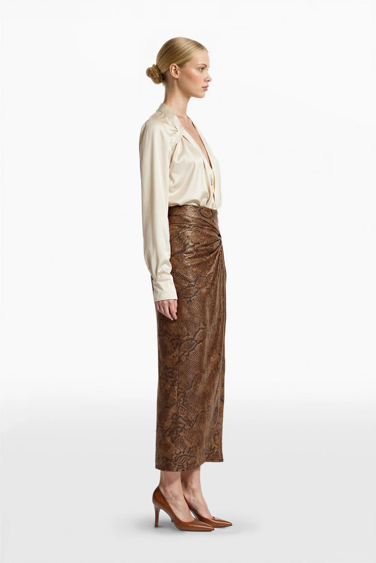 Draped Shirt with Snake Print Skirt Set